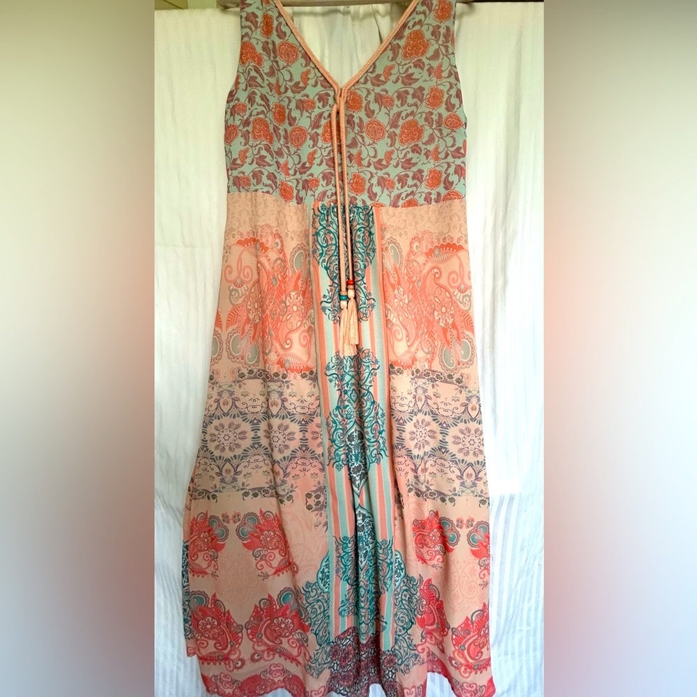 Maxi Soft Surroundings summer dress. Peach, cream, turquoise, coral dress. LP.